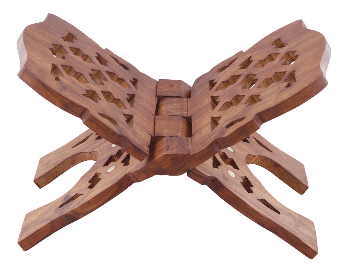 Bulk Wholesale Book Reading Stand in Wood – 12” Handcrafted Bible / Cook Book Rest with Lattice-Work Carving & Brass Inlay – Antique-Look Home Essentials / Gifts for Readers from India
