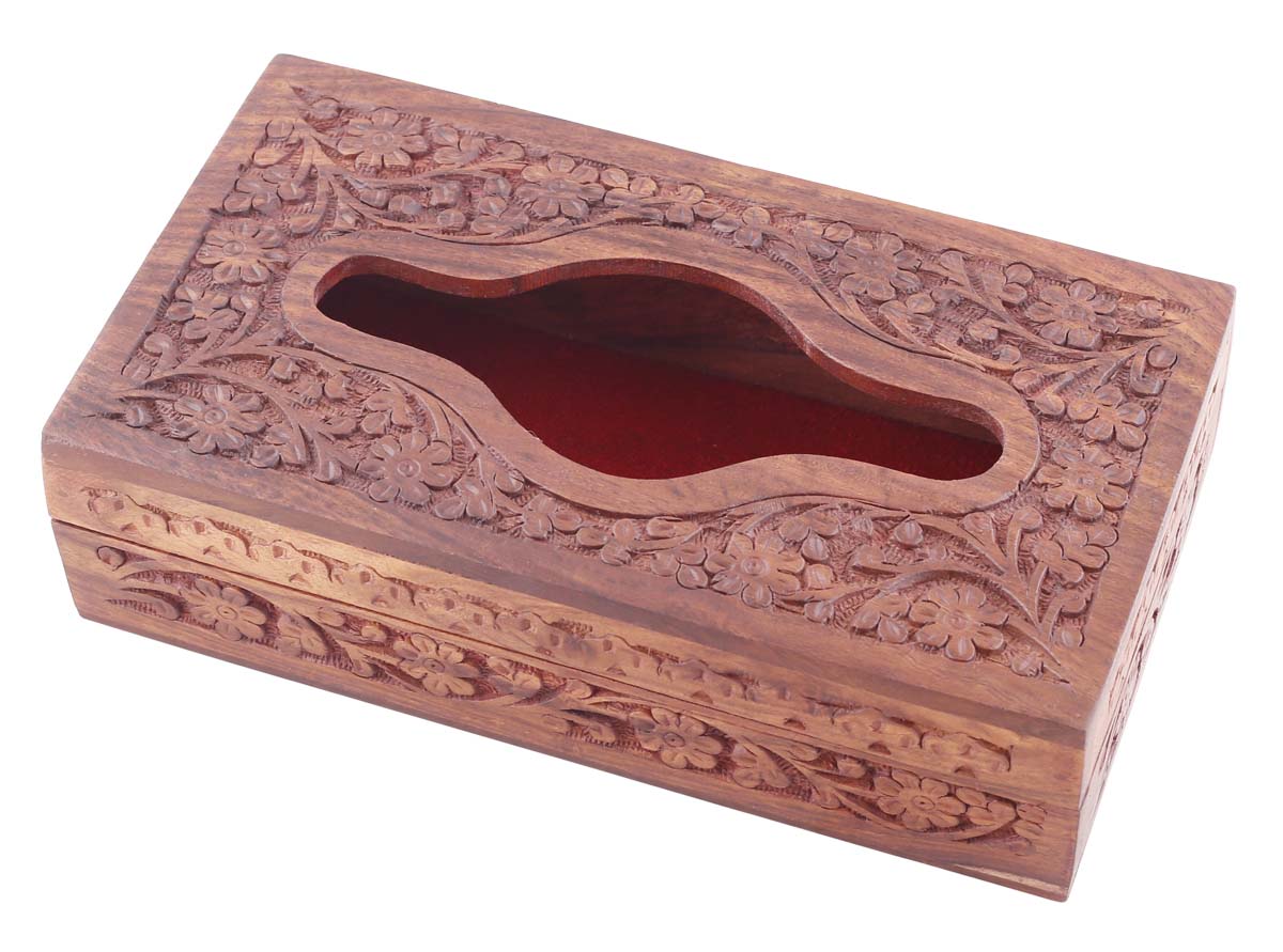 Bulk Wholesale Brown Tissue Box in Wood - 8” Hand-Carved Large Napkin Holder Box with Floral Motif Carving - Antique-Look Dining/Kitchen Essentials from India - Home Decor