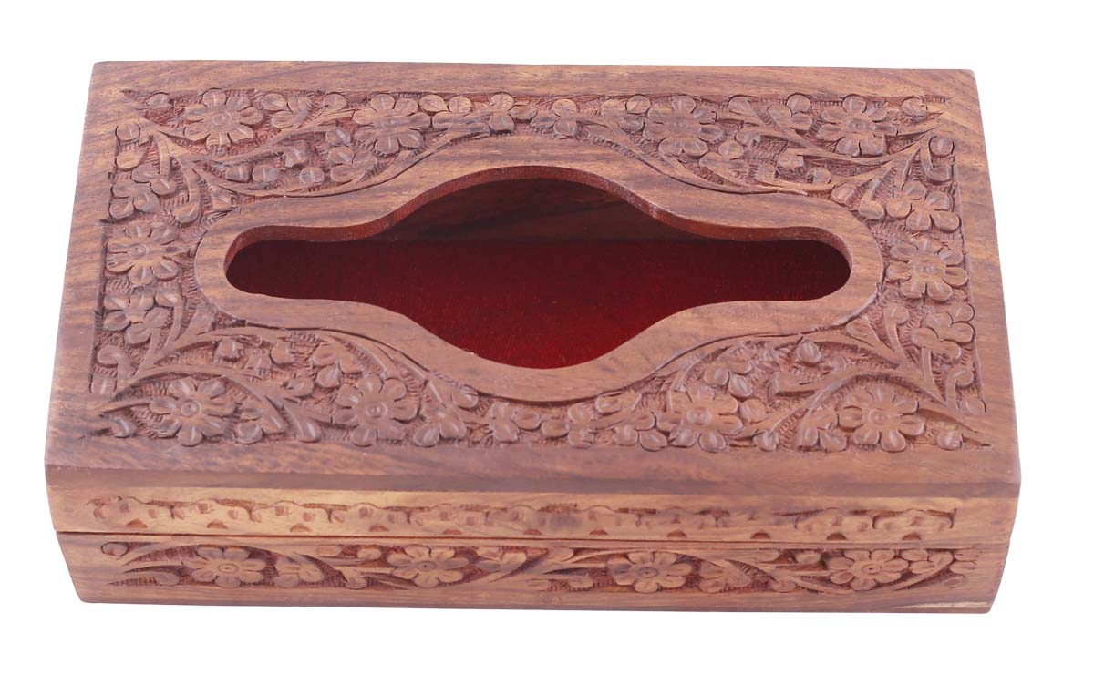 Bulk Wholesale Brown Tissue Box in Wood - 8” Hand-Carved Large Napkin Holder Box with Floral Motif Carving - Antique-Look Dining/Kitchen Essentials from India - Home Decor