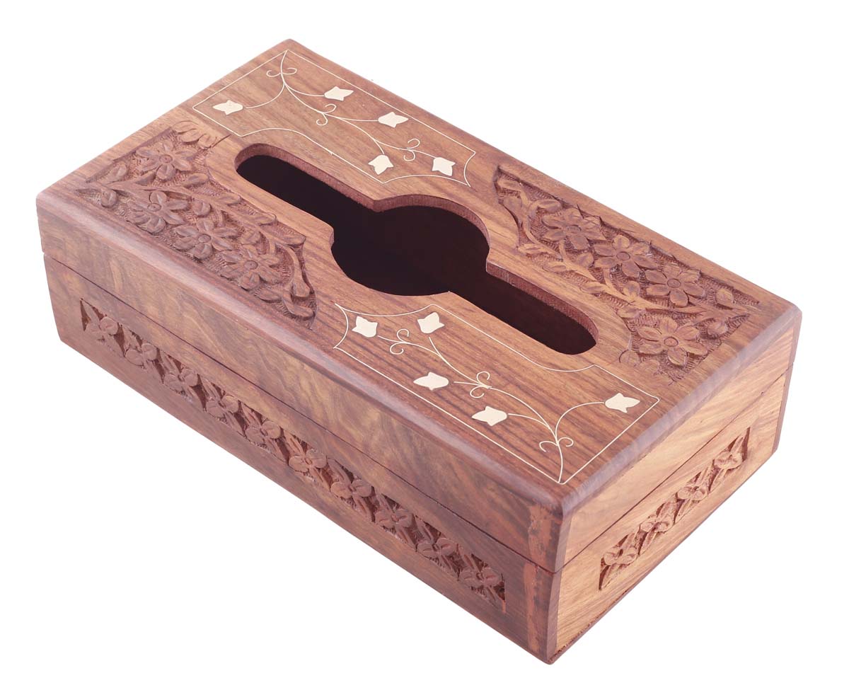 Bulk Wholesale Brown Tissue Box in Wood - 11” Hand-Carved Large Napkin Holder Box with Floral Motif Carving & Brass Inlay - Antique-Look Dining/Kitchen Essentials from India - Home Decor