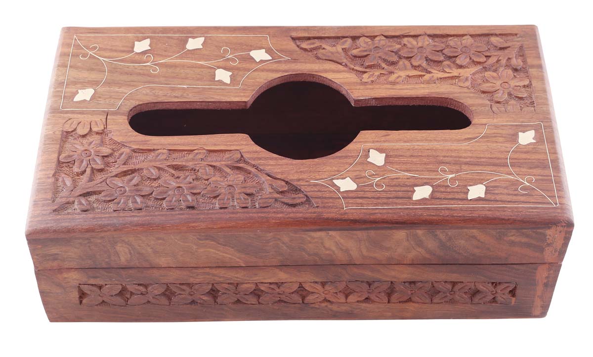Bulk Wholesale Brown Tissue Box in Wood - 11” Hand-Carved Large Napkin Holder Box with Floral Motif Carving & Brass Inlay - Antique-Look Dining/Kitchen Essentials from India - Home Decor