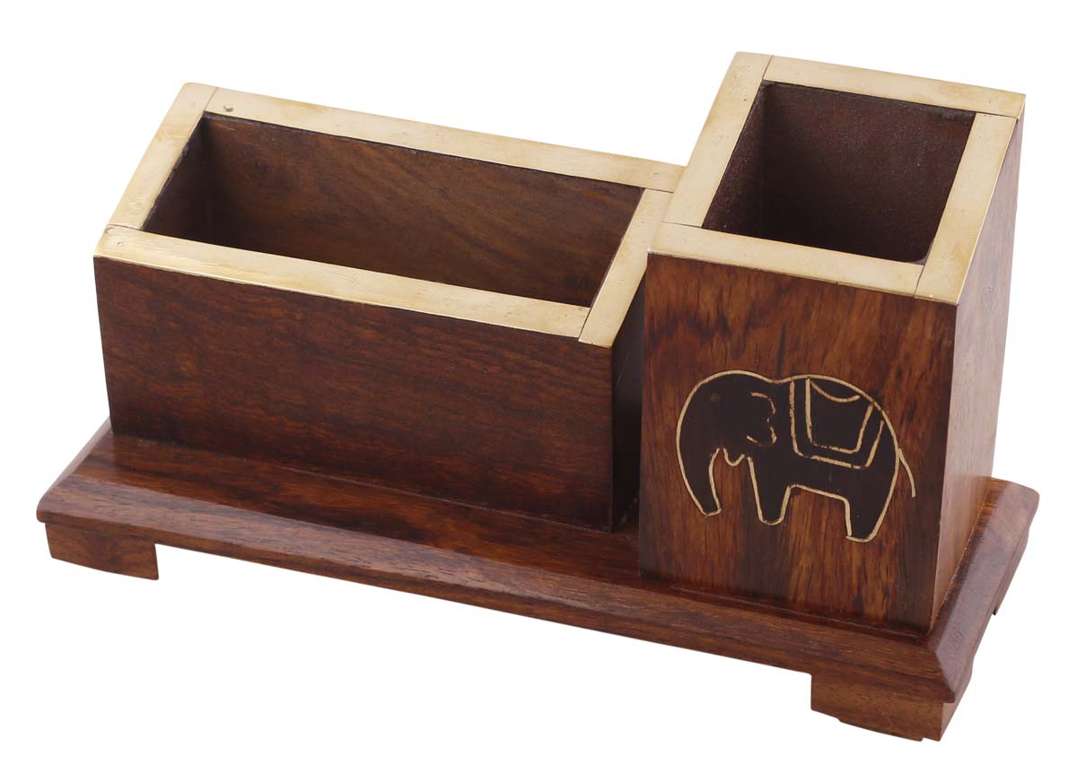 Bulk Wholesale Elephant Pen-Stand cum Card Holder in Wood – 6.2” Handcrafted Pen / Pencil / Card Holder with Brass Inlay – Antique-Look Office / Desk Accessories from India