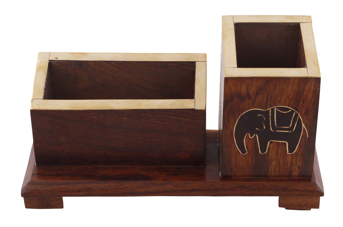 Bulk Wholesale Elephant Pen-Stand cum Card Holder in Wood – 6.2” Handcrafted Pen / Pencil / Card Holder with Brass Inlay – Antique-Look Office / Desk Accessories from India