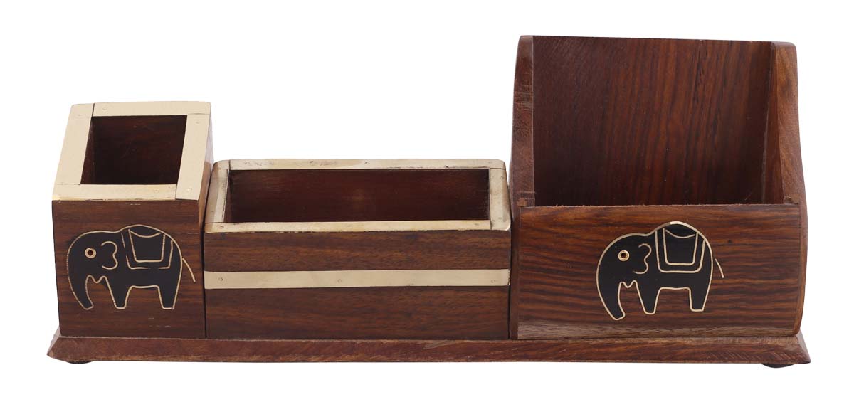 Bulk Wholesale Elephant Pen-Stand cum Card Holder cum Mail Holder in Wood – 6.2” Handcrafted Pen / Pencil / Card / Mail Holder with Brass Inlay – Antique-Look Office / Desk Accessories from India
