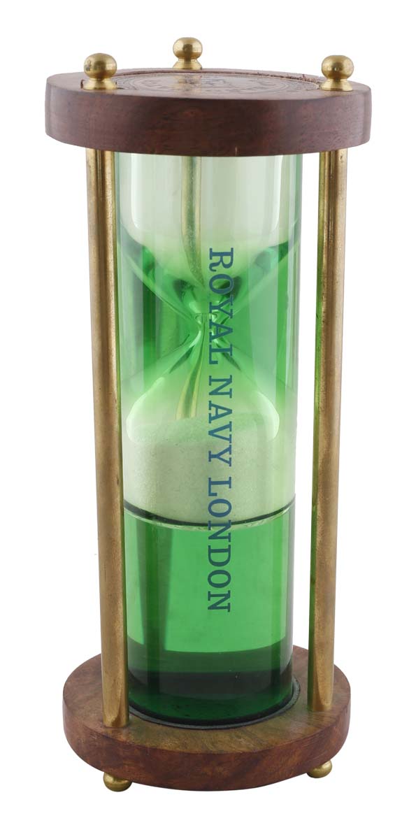 Bulk Wholesale Green Hourglass Sand-Timer in Wood & Glass – 6.8” Handmade Vintage-Look Desk / Office Accessory with Brass Work – Executive Gifts from India