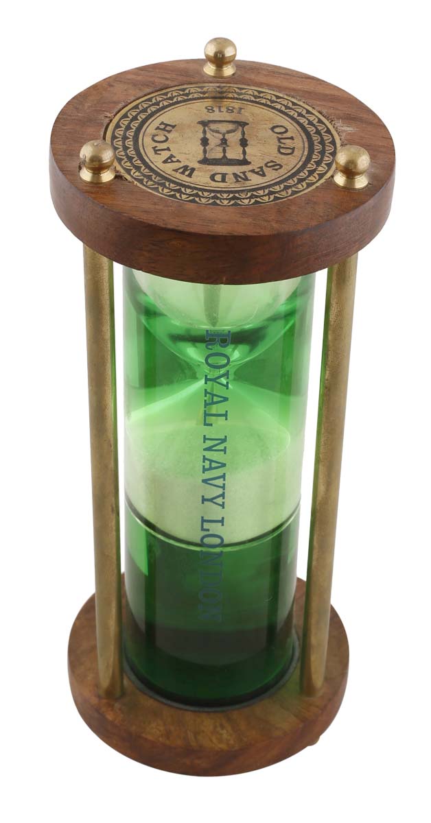 Bulk Wholesale Green Hourglass Sand-Timer in Wood & Glass – 6.8” Handmade Vintage-Look Desk / Office Accessory with Brass Work – Executive Gifts from India