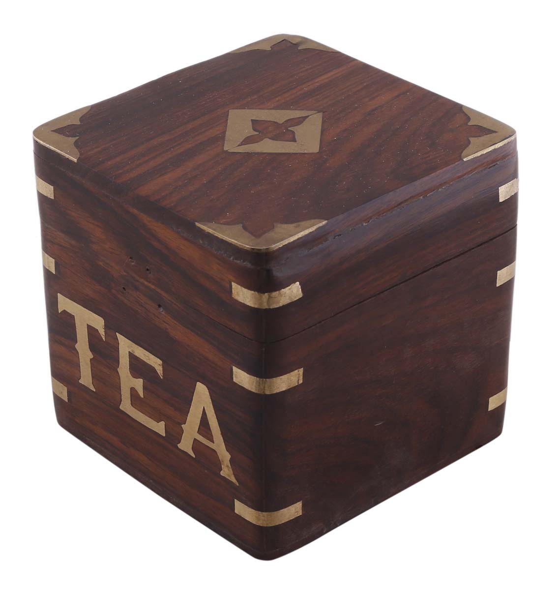 Bulk Wholesale Cubical Tea-Box in Wood – 4” Handmade Tea-Organizer with ‘TEA’ Written Motif in Brass – Home / Kitchen Essentials from India