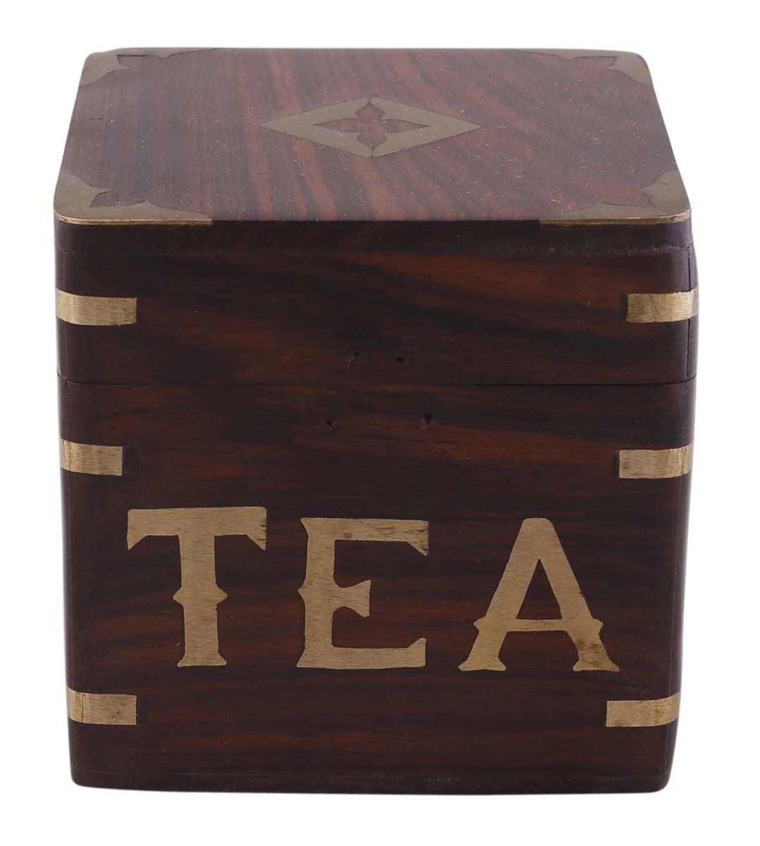 Bulk Wholesale Cubical Tea-Box in Wood – 4” Handmade Tea-Organizer with ‘TEA’ Written Motif in Brass – Home / Kitchen Essentials from India