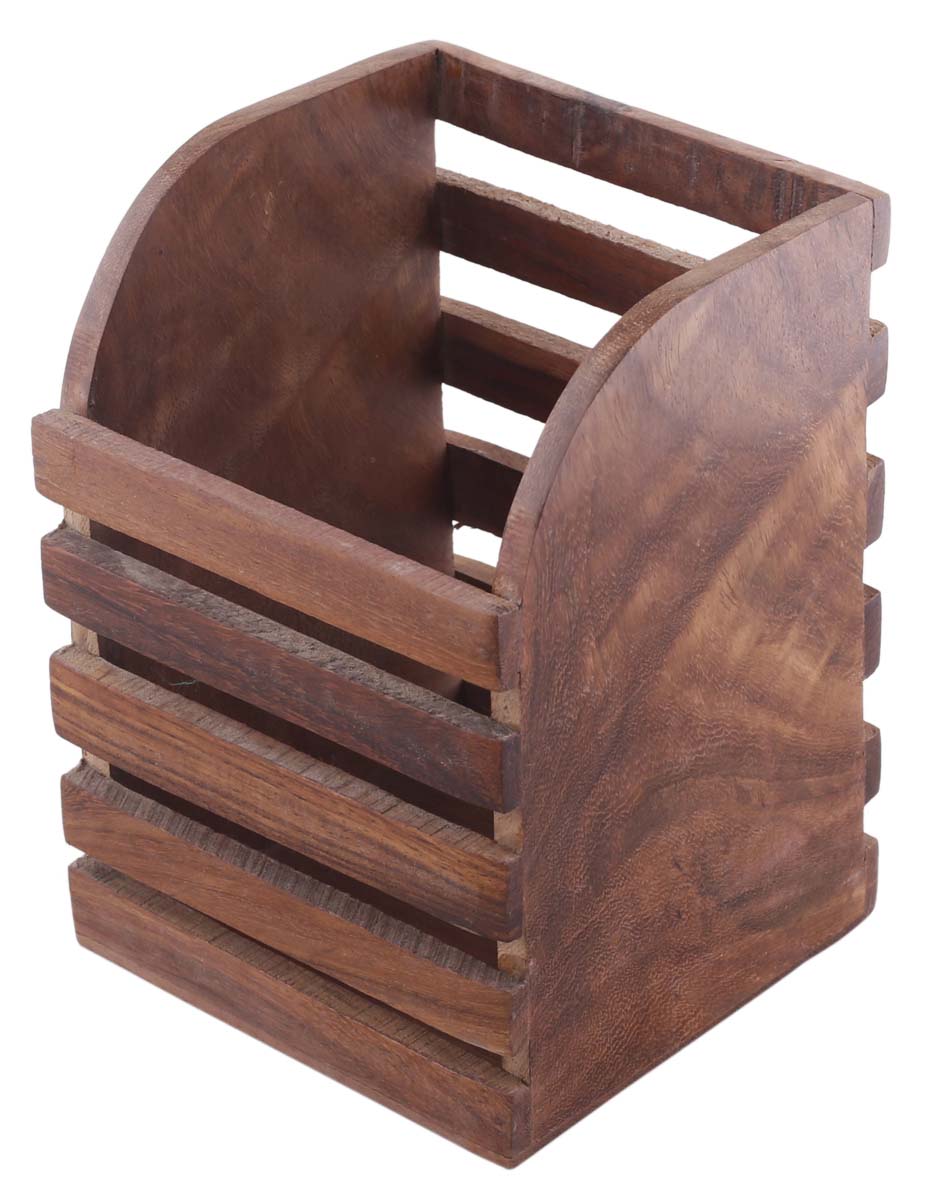 Bulk Wholesale Brown Pen-Stand in Wood – 6.3” Handmade Slatted Pen / Pencil Holder for Desks – Home / Office Essentials from India