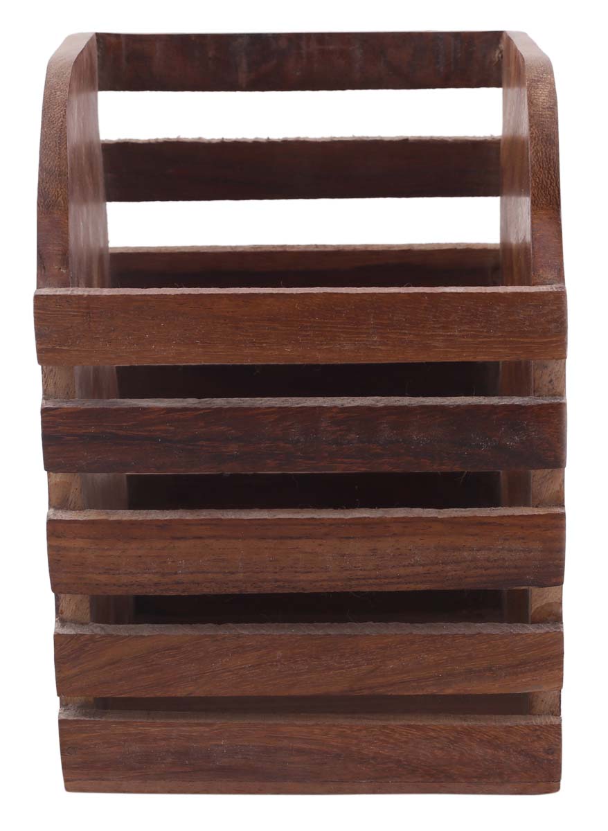 Bulk Wholesale Brown Pen-Stand in Wood – 6.3” Handmade Slatted Pen / Pencil Holder for Desks – Home / Office Essentials from India