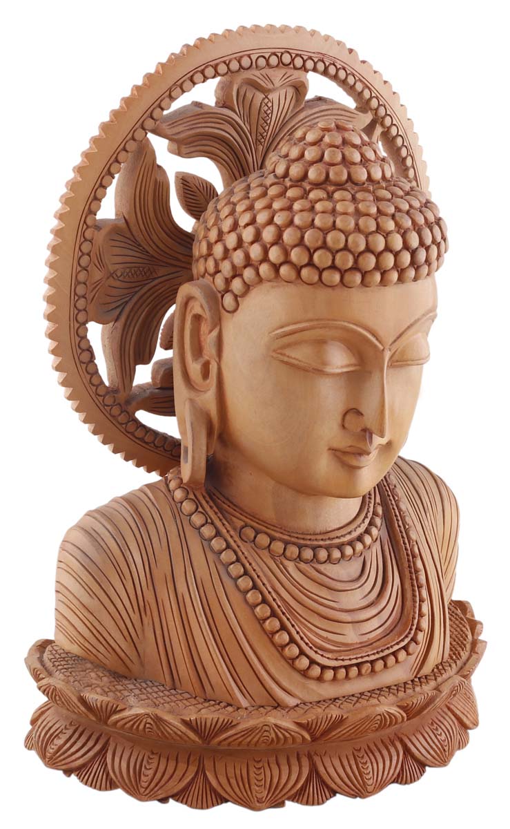 Bulk Wholesale Brown Lord Buddha Sculpture in Wood – 9” Hand-Carved Statue / Idol with Chakra/ Halo – Auspicious Home Décor / Gifts from India
