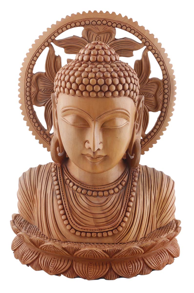 Bulk Wholesale Brown Lord Buddha Sculpture in Wood – 9” Hand-Carved Statue / Idol with Chakra/ Halo – Auspicious Home Décor / Gifts from India