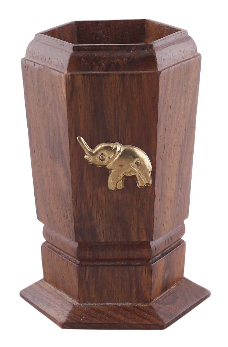Bulk Wholesale Elephant Pen-Stand in Wood – 4.4” Handcrafted Brown Pen / Pencil Holder with Brass Motifs in Golden Color – Antique-Look Office / Desk Accessories from India