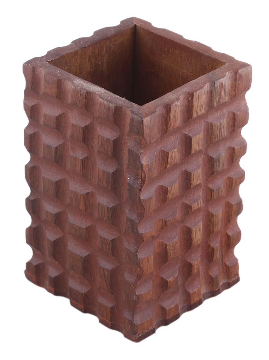 Bulk Wholesale Reddish-Brown Pen-Stand in Wood – 4” Handcrafted Pen / Pencil Holder with Geometrical Carving – Rustic-Look Office / Desk Accessories from India