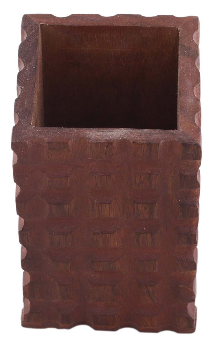 Bulk Wholesale Reddish-Brown Pen-Stand in Wood – 4” Handcrafted Pen / Pencil Holder with Geometrical Carving – Rustic-Look Office / Desk Accessories from India