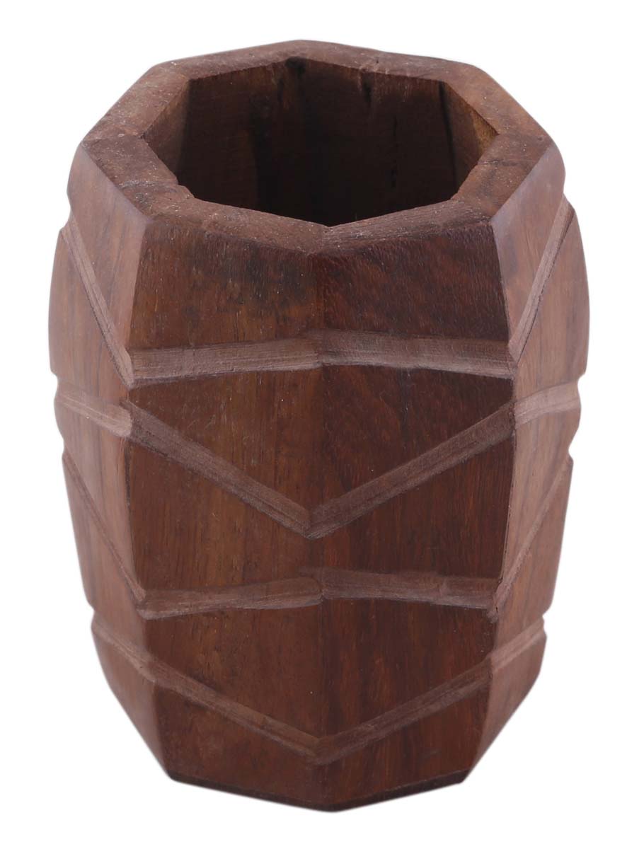 Bulk Wholesale Walnut-Brown Pen-Stand in Wood – 4.5” Hand-Carved Pen-Holder with Asymmetric Ridges – Rustic-Look Office / Desk Accessories from India