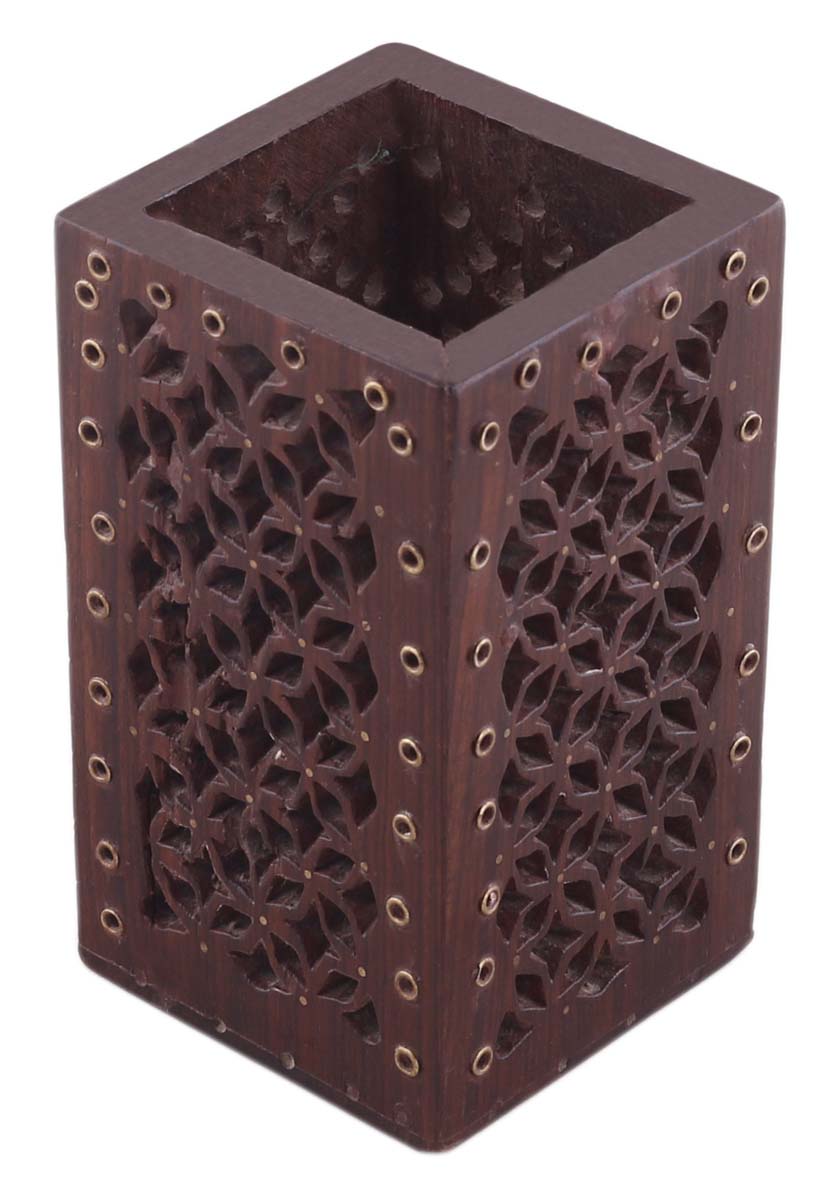 Bulk Wholesale Walnut-Brown Pen-Stand in Wood – 4” Hand-Carved Pen-Holder with Lattice-Work Carving & Brass Inlay– Rustic-Look Office / Desk Accessories from India