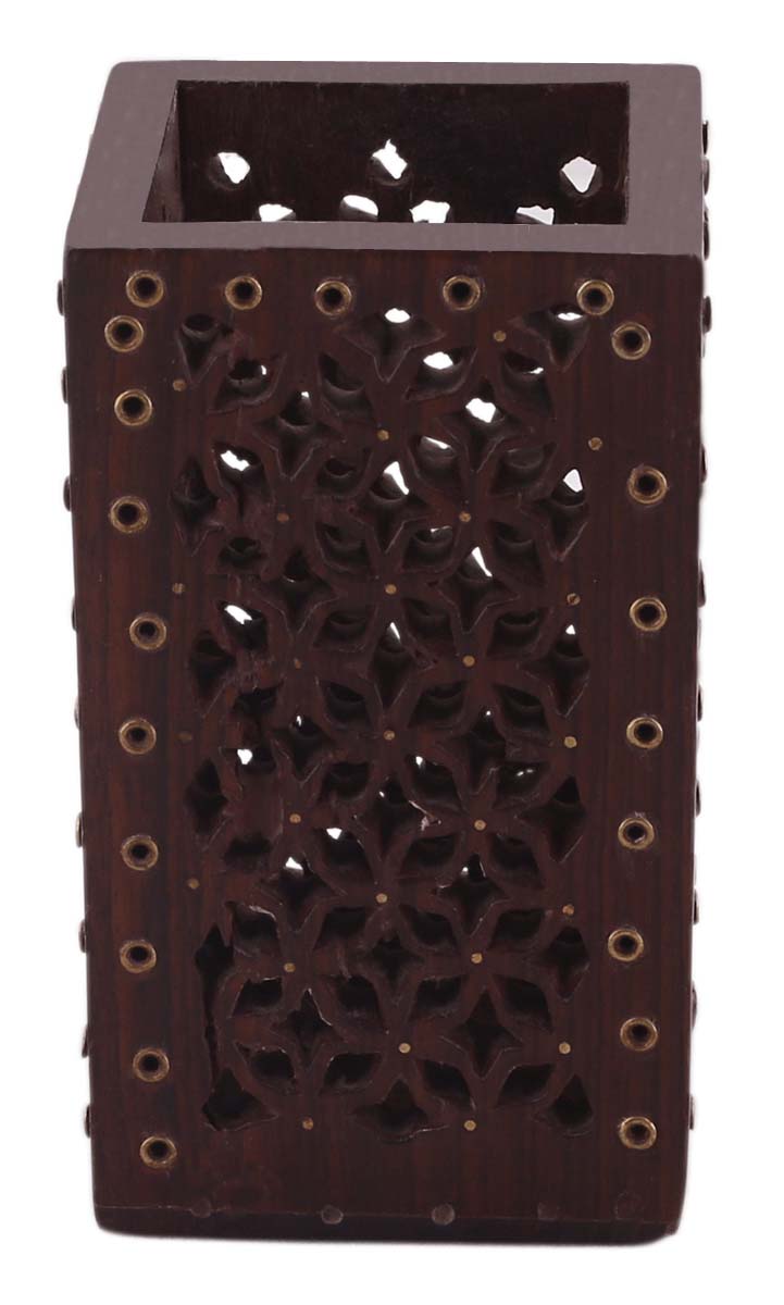 Bulk Wholesale Walnut-Brown Pen-Stand in Wood – 4” Hand-Carved Pen-Holder with Lattice-Work Carving & Brass Inlay– Rustic-Look Office / Desk Accessories from India