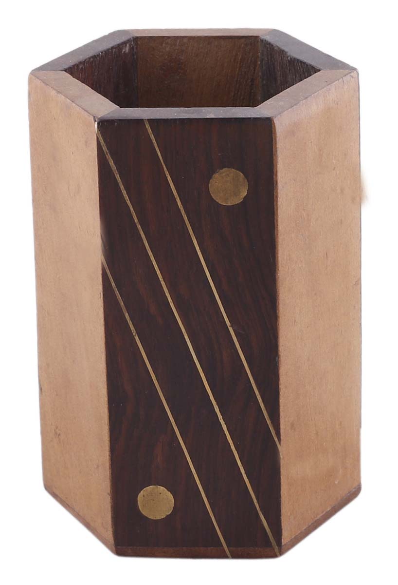 Bulk Wholesale Light & Dark Brown Pen-Stand in Wood – 4” Hand-Crafted Pen-Holder with Brass Inlay Work– Rustic-Look Office / Desk Accessories from India