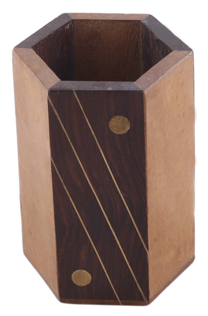 Bulk Wholesale Light & Dark Brown Pen-Stand in Wood – 4” Hand-Crafted Pen-Holder with Brass Inlay Work– Rustic-Look Office / Desk Accessories from India