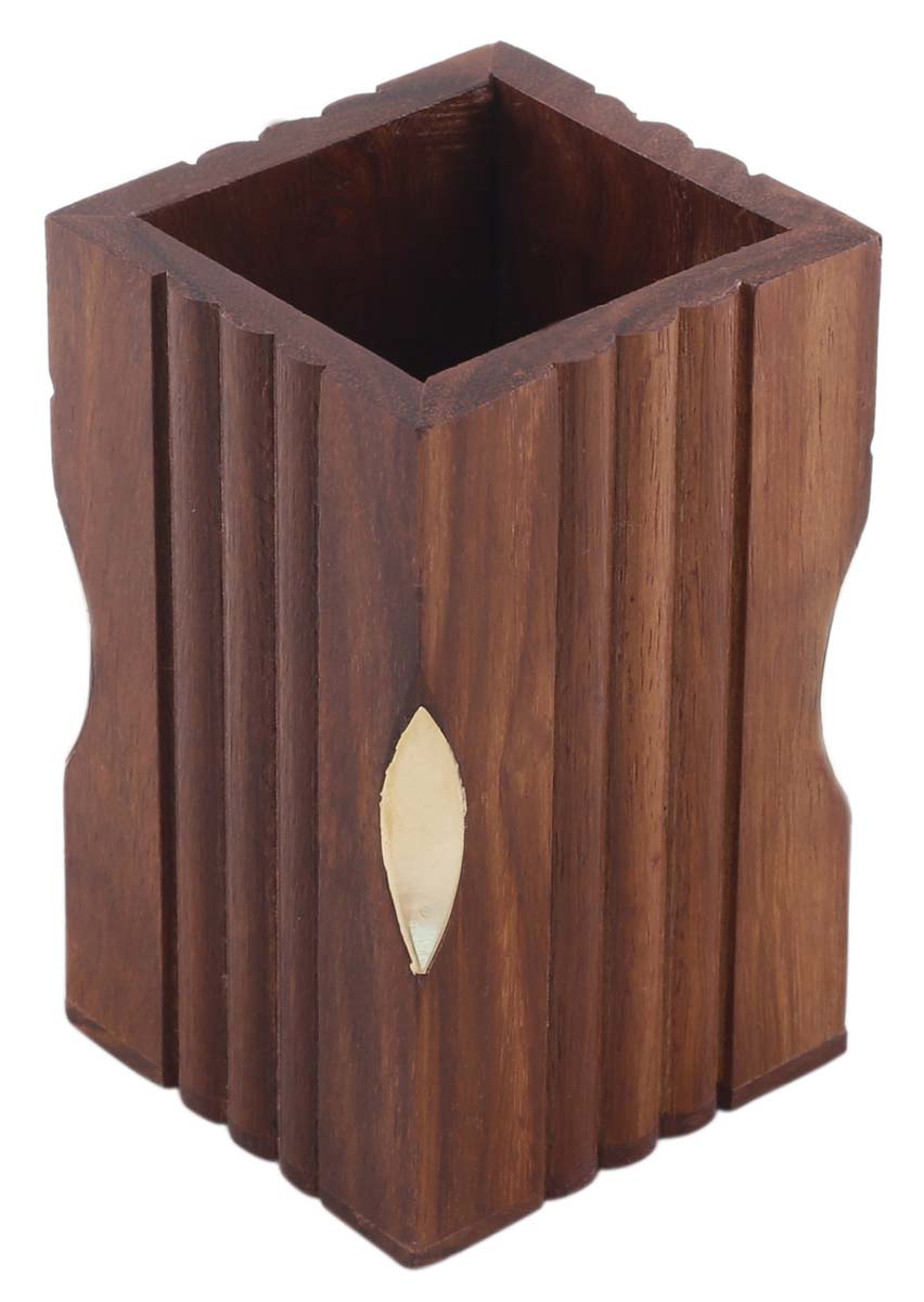 Bulk Wholesale Brown Pen-Stand in Wood – 4” Handcrafted Pen-Holder with Ribbed Carving and Brass Inlay Work - Rustic-Look Office / Desk Accessories from India