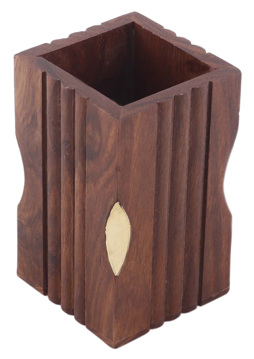 Bulk Wholesale Brown Pen-Stand in Wood – 4” Handcrafted Pen-Holder with Ribbed Carving and Brass Inlay Work - Rustic-Look Office / Desk Accessories from India