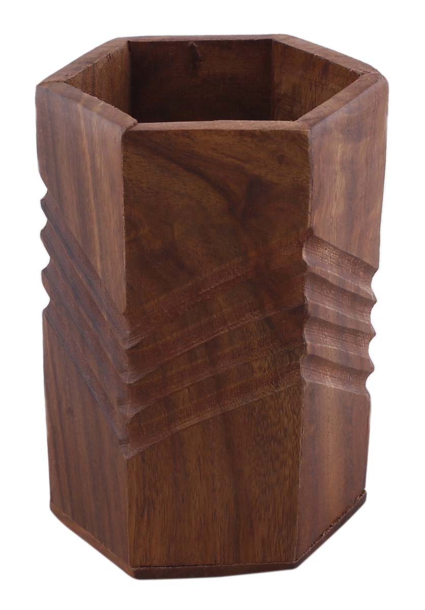 Bulk Wholesale Walnut-Brown Pen-Stand in Wood – 4” Hand-Carved Pen-Holder with Asymmetric Ridges – Rustic-Look Office / Desk Accessories from India