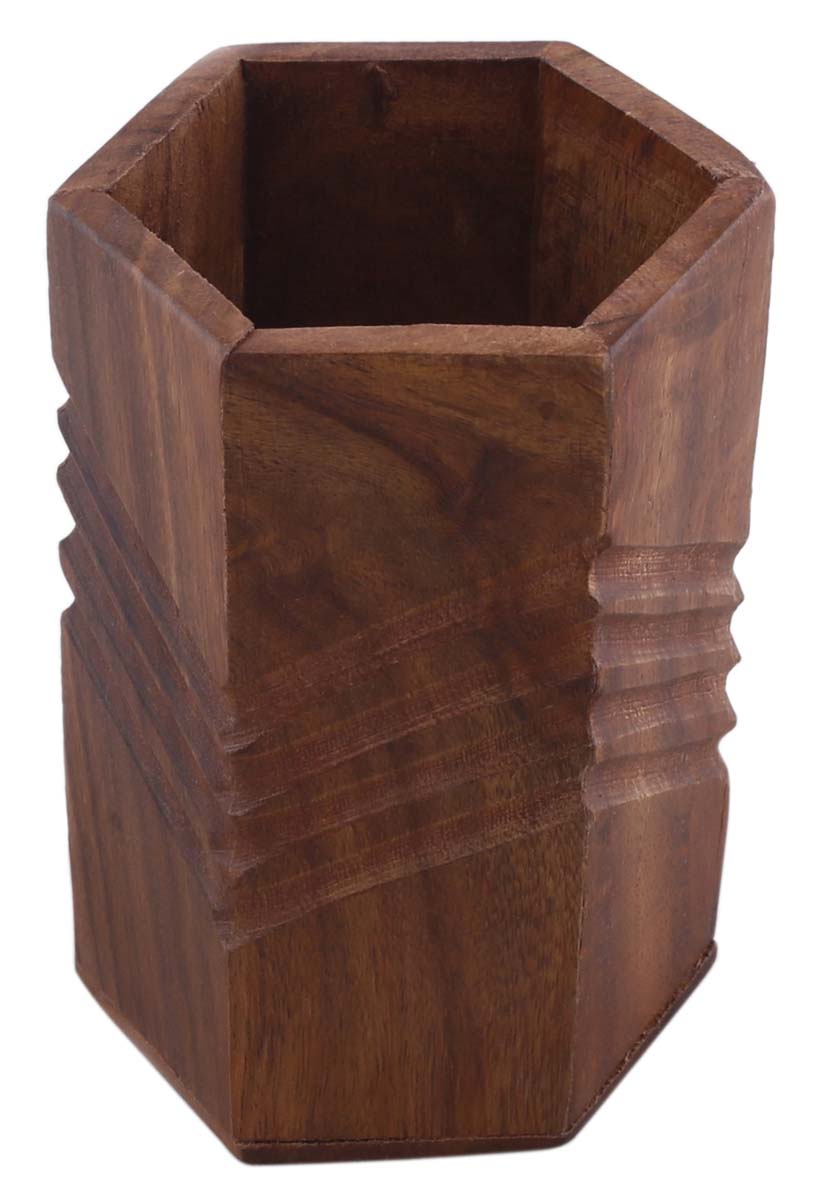 Bulk Wholesale Walnut-Brown Pen-Stand in Wood – 4” Hand-Carved Pen-Holder with Asymmetric Ridges – Rustic-Look Office / Desk Accessories from India