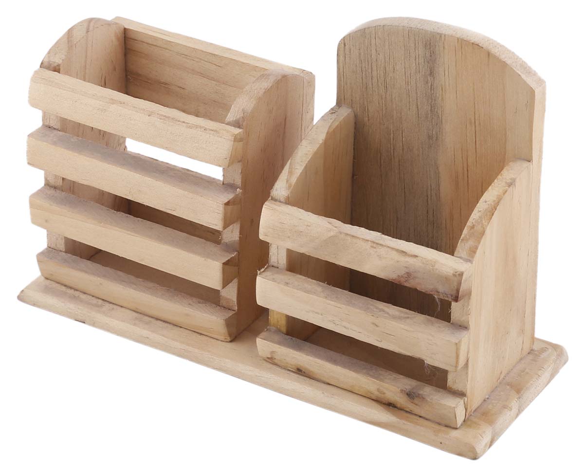 Bulk Wholesale Pen-Holder & Card Holder Set in Pinewood – 6.4” Handcrafted Slatted Pen-Stand with Business Card Holder - Stylish Office / Desk Accessories from India