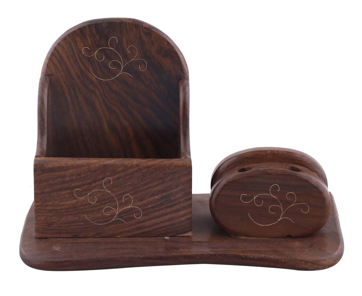 Bulk Wholesale Pen-Holder cum Card and Stationery Stand in Wood – 8.2” Handcrafted Desk Organizer with Brass Inlay Work – Antique-Look Desk / Office Accessories