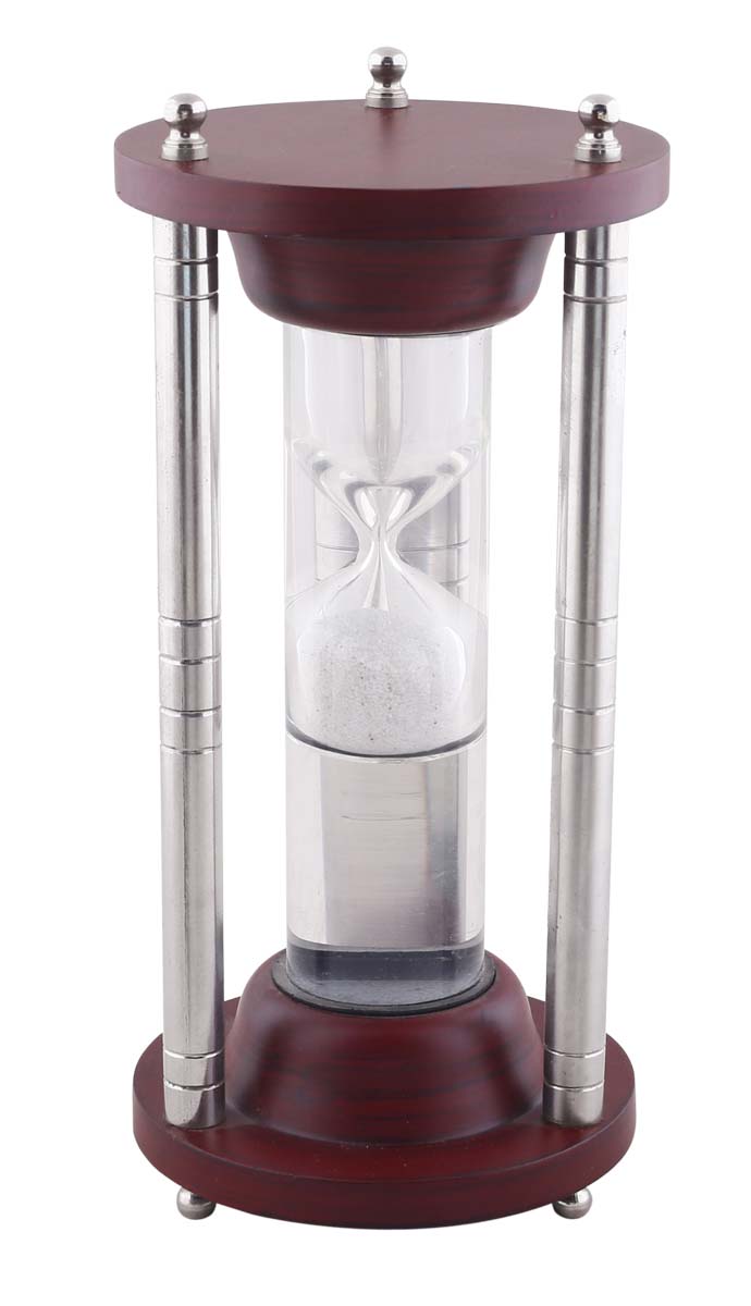 Bulk Wholesale Hourglass Sand-Timer in Wood & Glass – 9” Handmade Vintage-Look Desk / Office Accessory with Aluminum Work – Executive Gifts from India