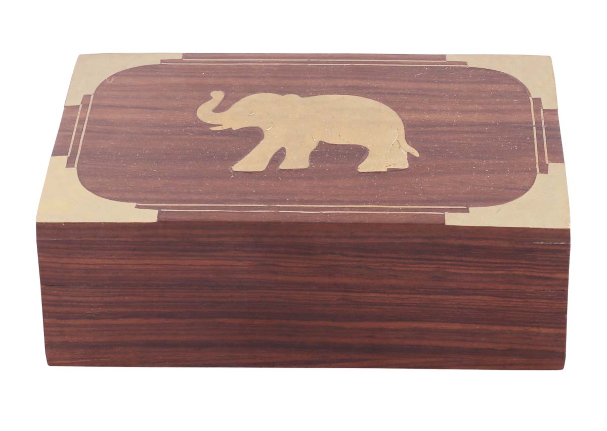 Wholesale 6x4” Wooden Elephant Jewelry Box in Bulk - Source Hand-Carved Jewelry Box/Trinket Box with Brass Inlay Work from India