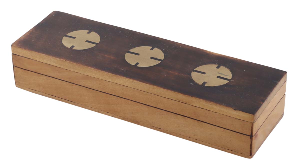 Bulk Wholesale Pencil Box in Haldo-Wood – 8” Handmade Pen / Pencil Holder with Brass Inlay Motifs – Rustic-Look Desk Essentials from India