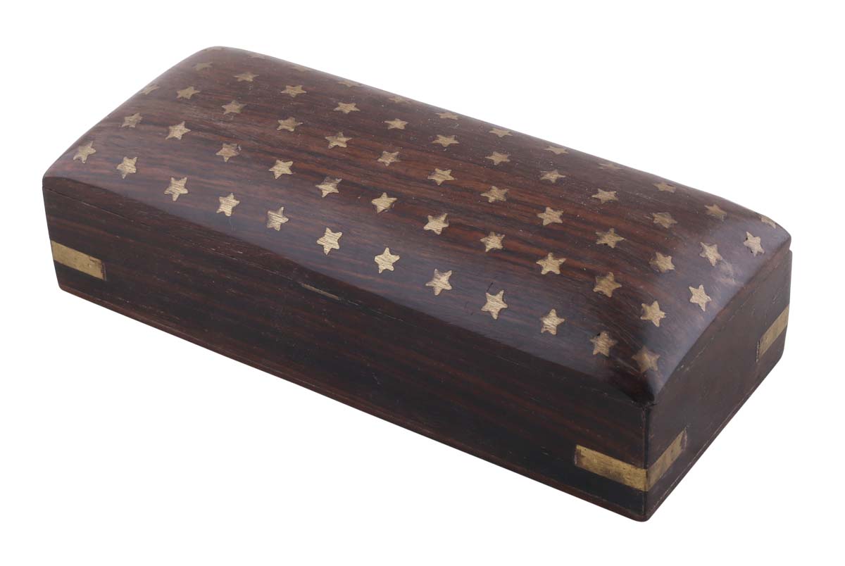 Bulk Wholesale Pencil Box in Wood – 7” Handmade Pen / Pencil Holder with Brass Inlay Work in Star Motifs – Antique-Look Desk Essentials from India