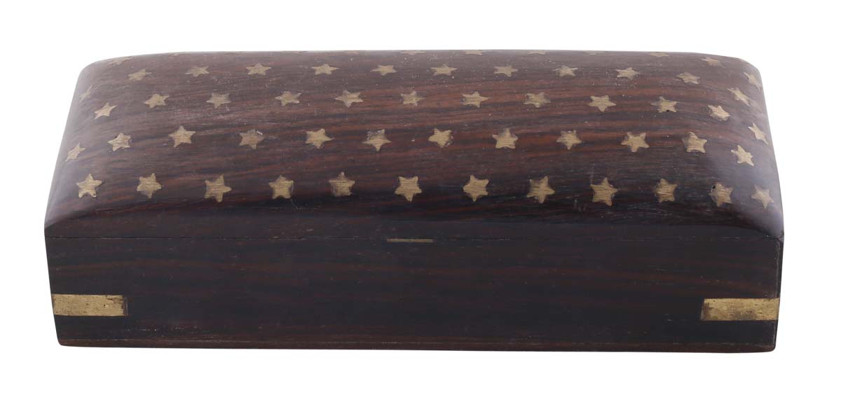 Bulk Wholesale Pencil Box in Wood – 7” Handmade Pen / Pencil Holder with Brass Inlay Work in Star Motifs – Antique-Look Desk Essentials from India