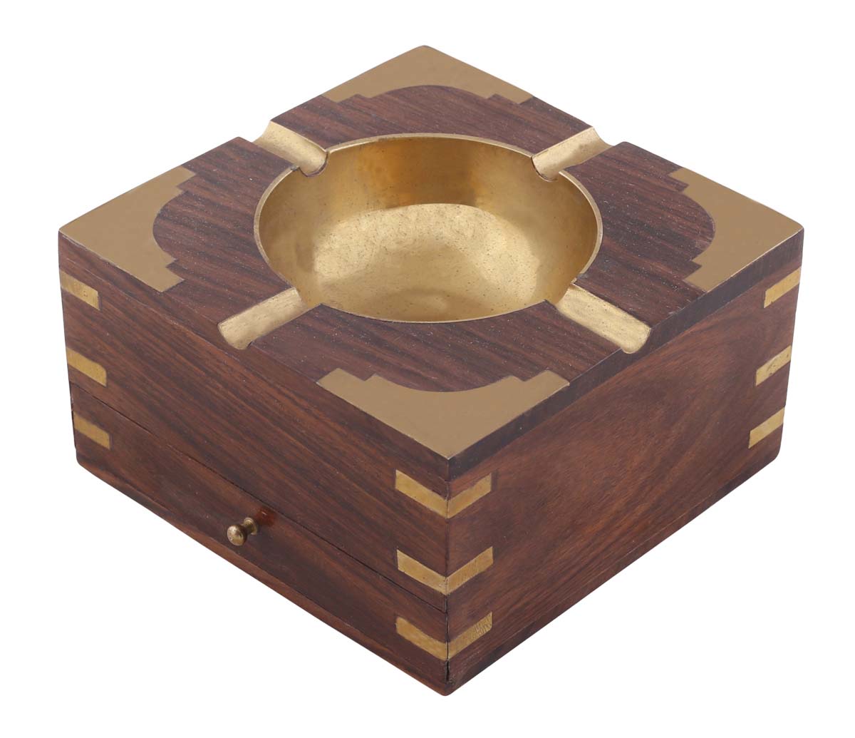 Bulk Wholesale Cigarette Ashtray in Wood – 4.5” Handmade Ashtray with Brass Inlay Work & Storage  Drawer – Antique-Look Cigar Accessories / Décor from India