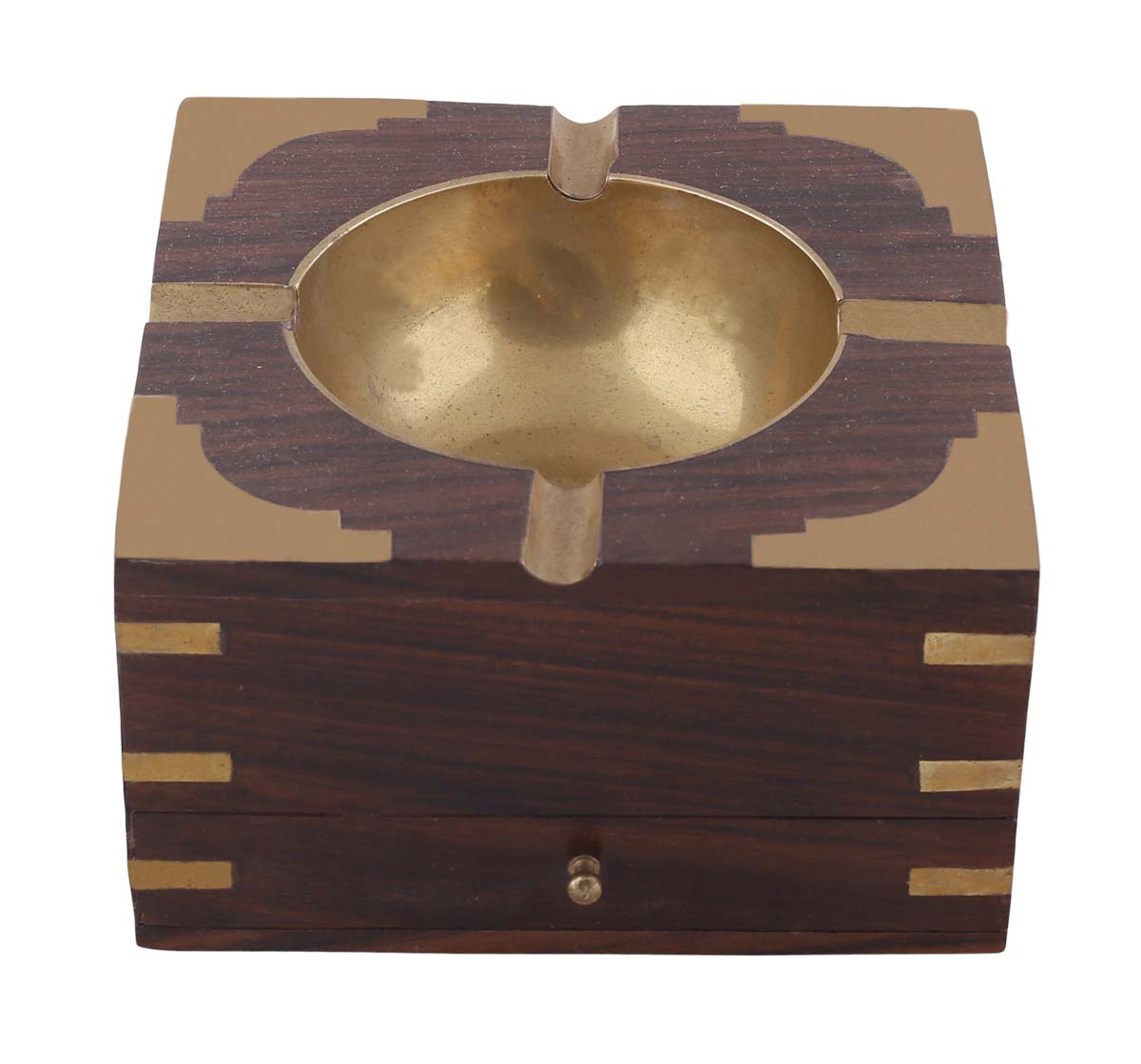 Bulk Wholesale Cigarette Ashtray in Wood – 4.5” Handmade Ashtray with Brass Inlay Work & Storage  Drawer – Antique-Look Cigar Accessories / Décor from India