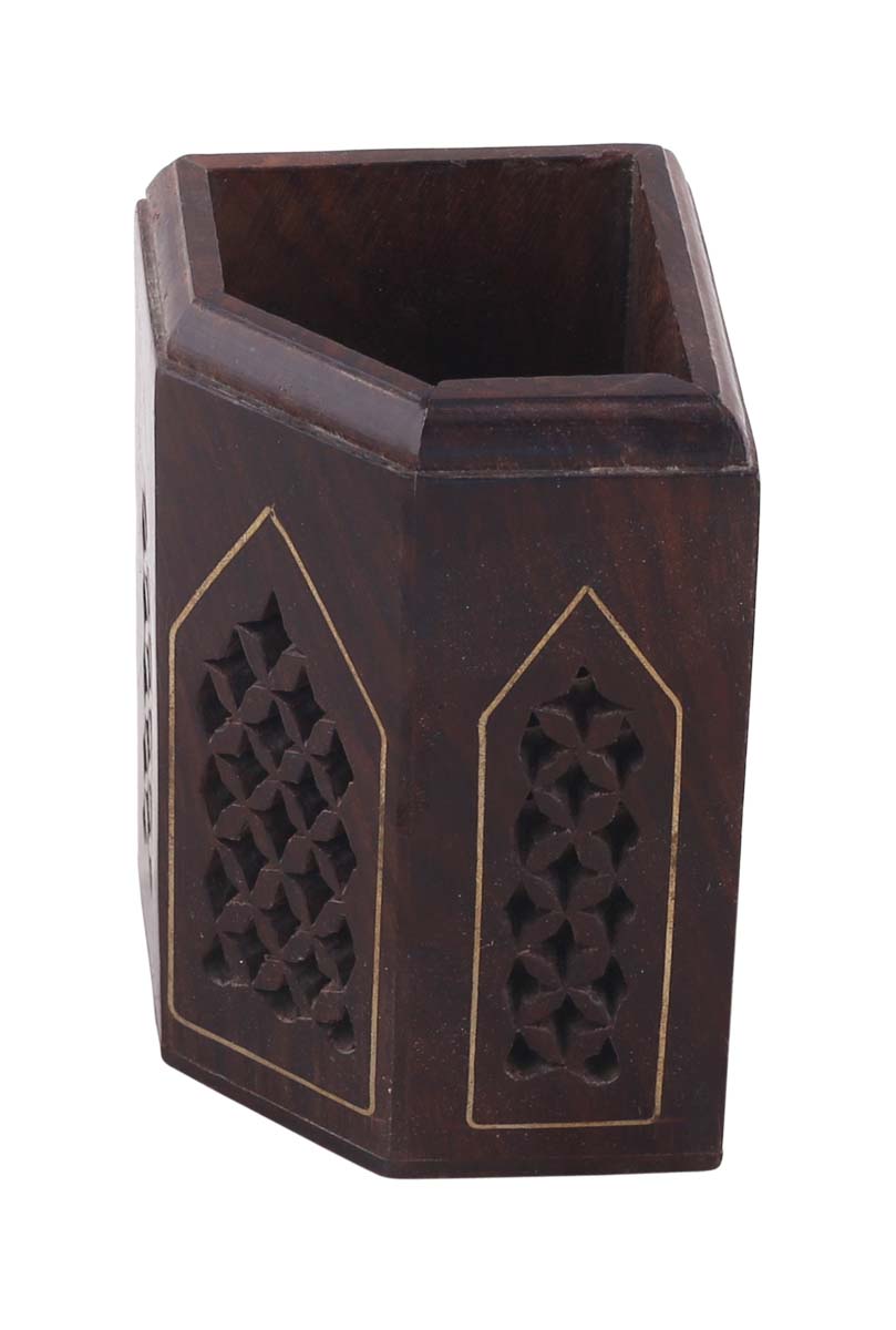 Bulk Wholesale Pen-Stand in Wood – 4” Hand-Carved Pen / Pencil Holder with Brass Inlay and Jaali-Work – Office / Desk Accessories for Corners – Home Décor from India