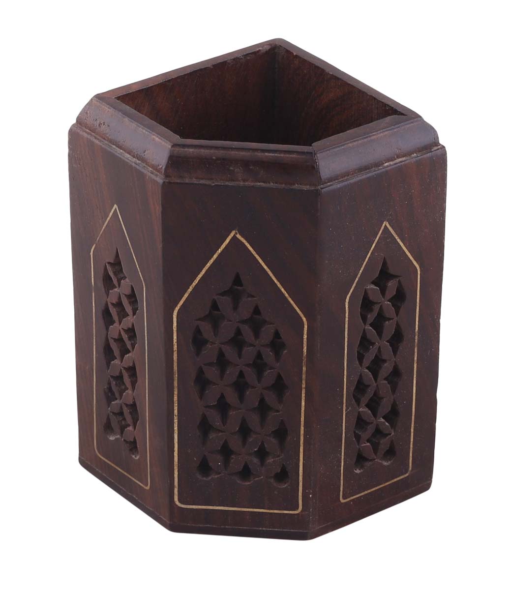 Bulk Wholesale Pen-Stand in Wood – 4” Hand-Carved Pen / Pencil Holder with Brass Inlay and Jaali-Work – Office / Desk Accessories for Corners – Home Décor from India