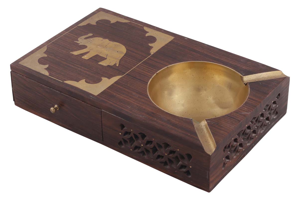 Bulk Wholesale Cigarette Ashtray with Storage Drawer in Wood – 7” Handmade Ashtray with Jaali-Work and Elephant Motif in Brass Inlay – Antique-Look Cigar Accessories / Décor from India