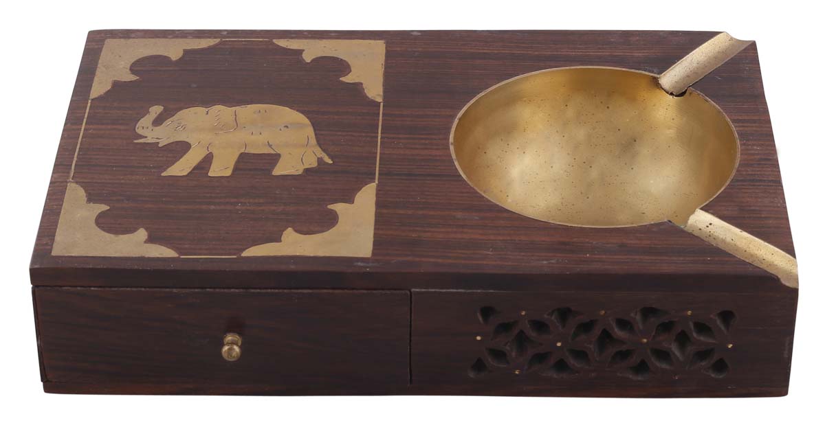 Bulk Wholesale Cigarette Ashtray with Storage Drawer in Wood – 7” Handmade Ashtray with Jaali-Work and Elephant Motif in Brass Inlay – Antique-Look Cigar Accessories / Décor from India