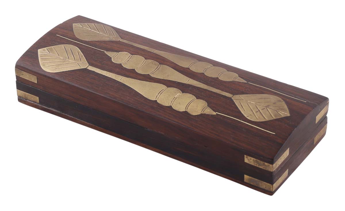 Bulk Wholesale Dark-Brown Pencil Box in Wood – 7” Handmade Pen / Pencil Holder with Egyptian Theme Motifs in Brass Inlay – Antique-Look Desk / Office Accessories from India