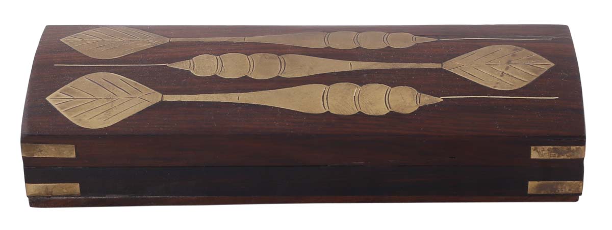Bulk Wholesale Dark-Brown Pencil Box in Wood – 7” Handmade Pen / Pencil Holder with Egyptian Theme Motifs in Brass Inlay – Antique-Look Desk / Office Accessories from India