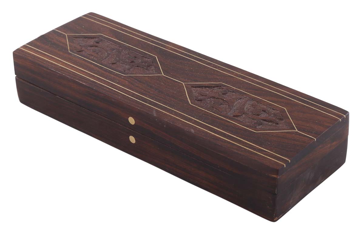 Bulk Wholesale Dark-Brown Pencil Box in Wood – 8” Handmade Pen / Pencil Holder with Floral Motif Carving and Brass Inlay Work – Antique-Look Desk / Office Accessories from India
