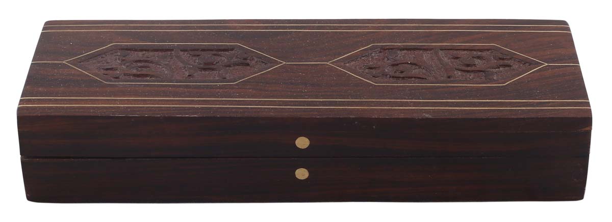 Bulk Wholesale Dark-Brown Pencil Box in Wood – 8” Handmade Pen / Pencil Holder with Floral Motif Carving and Brass Inlay Work – Antique-Look Desk / Office Accessories from India