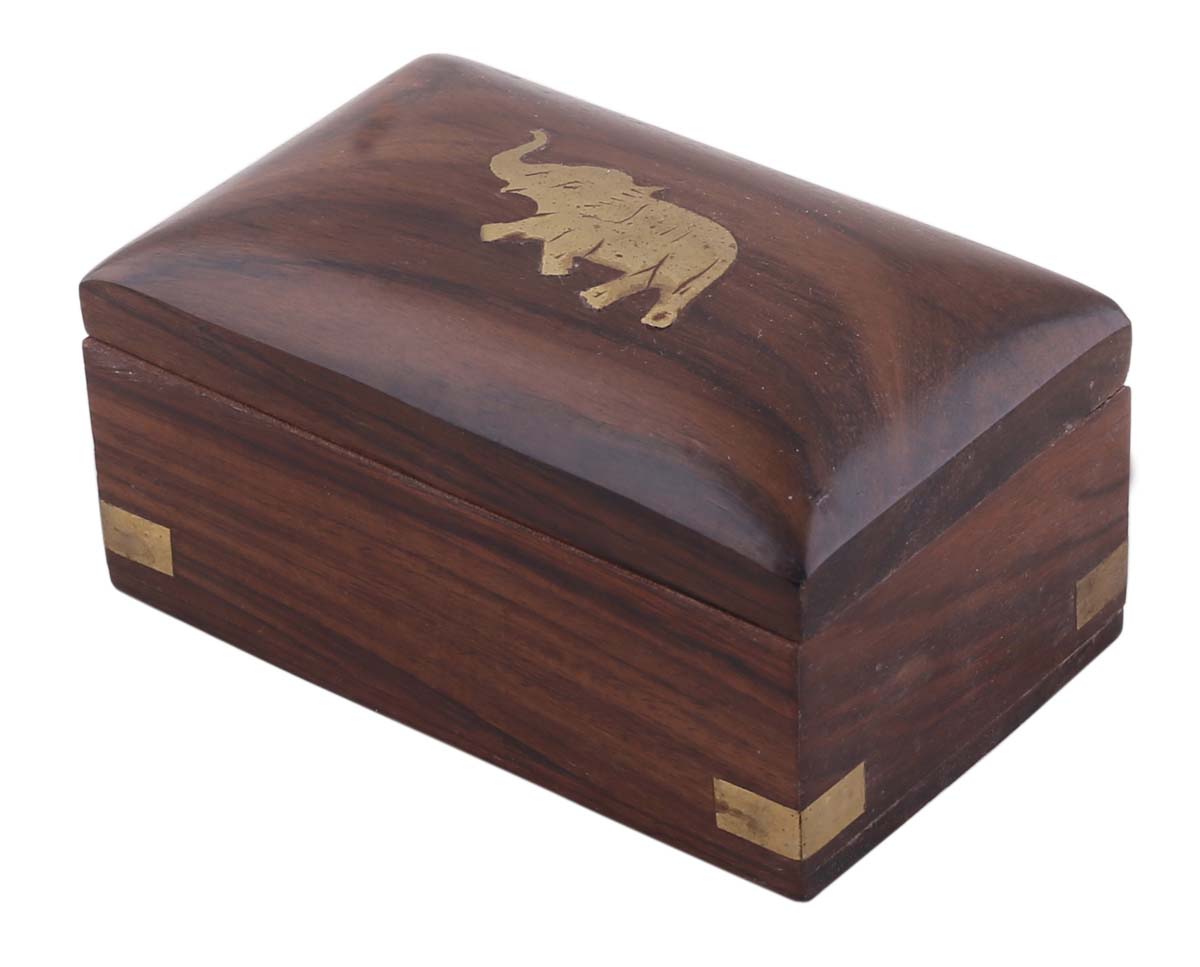 Source 4x2.5” Wooden Jewelry Box in Bulk - Wholesale Hand-Carved Burgundy-Brown Jewelry Box/Trinket Box with Elephant Motif in Brass Inlay from India