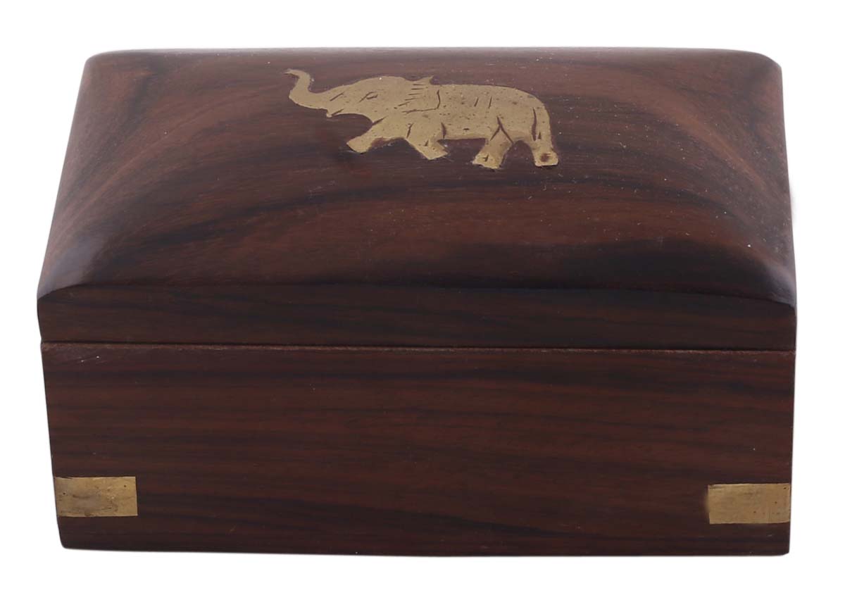 Source 4x2.5” Wooden Jewelry Box in Bulk - Wholesale Hand-Carved Burgundy-Brown Jewelry Box/Trinket Box with Elephant Motif in Brass Inlay from India