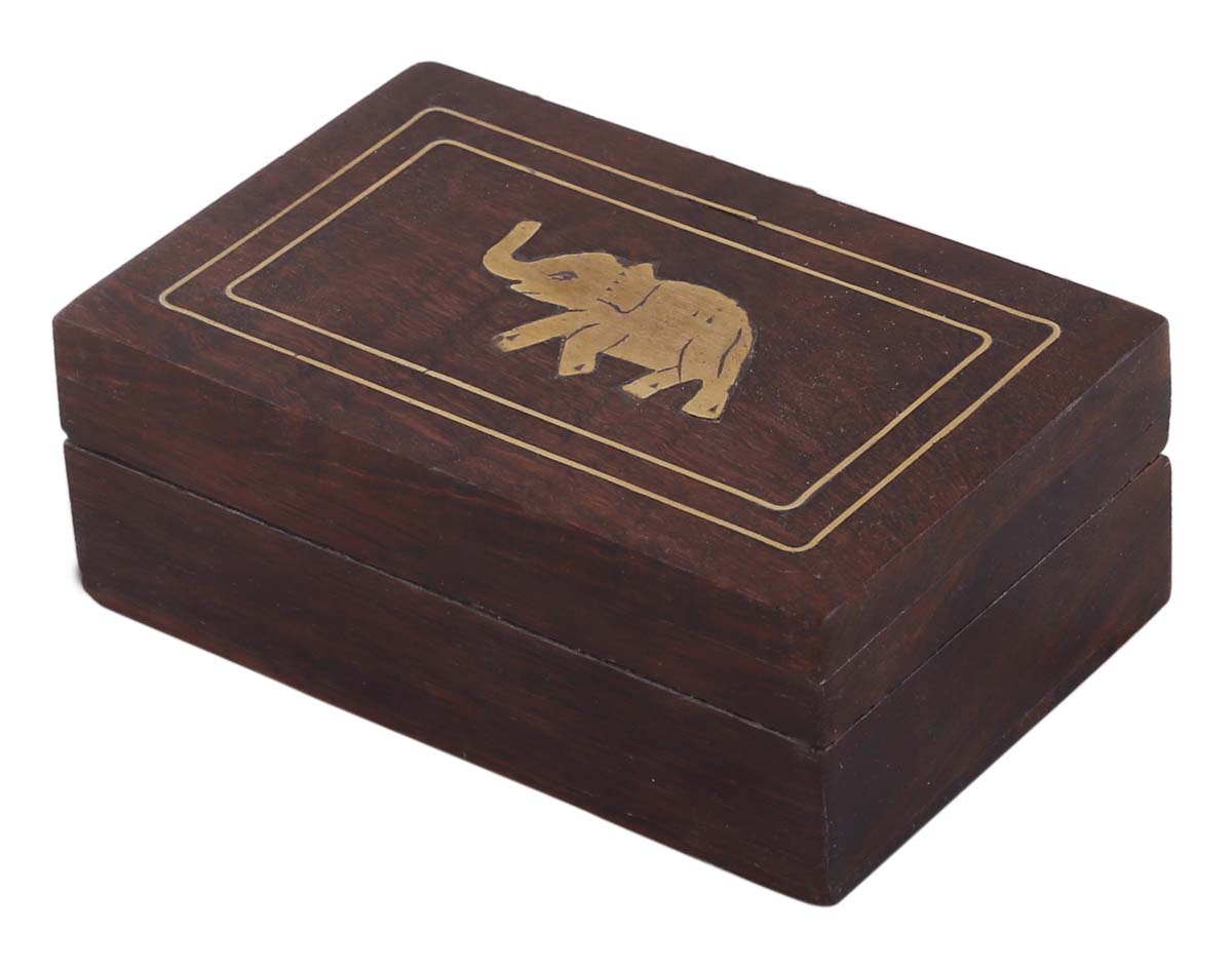 Wholesale 4x2.5” Wooden Jewelry Box in Bulk - Source Hand-Carved Burgundy-Brown Jewelry Box/Trinket Box with Elephant Motif in Brass Inlay from India