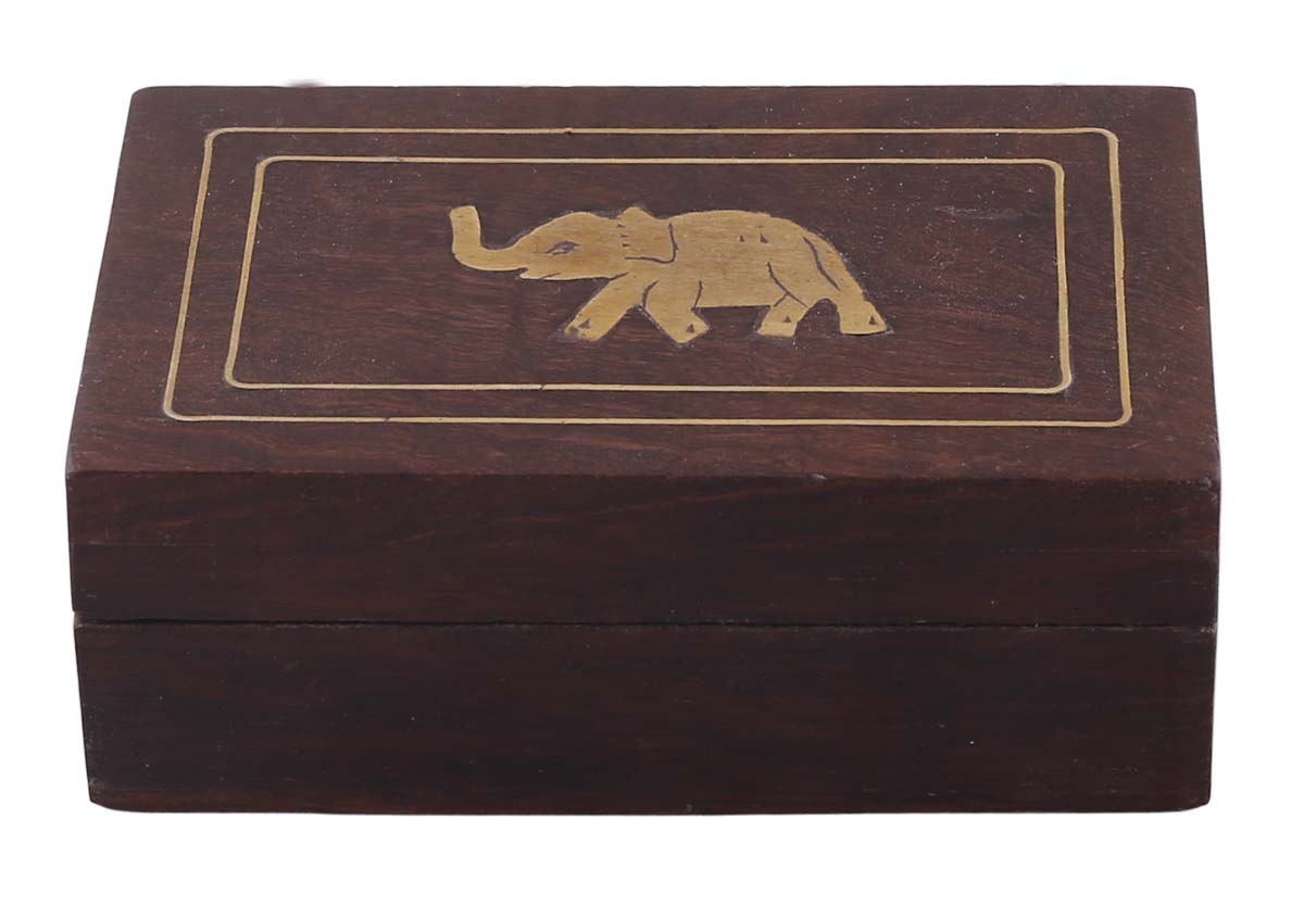 Wholesale 4x2.5” Wooden Jewelry Box in Bulk - Source Hand-Carved Burgundy-Brown Jewelry Box/Trinket Box with Elephant Motif in Brass Inlay from India