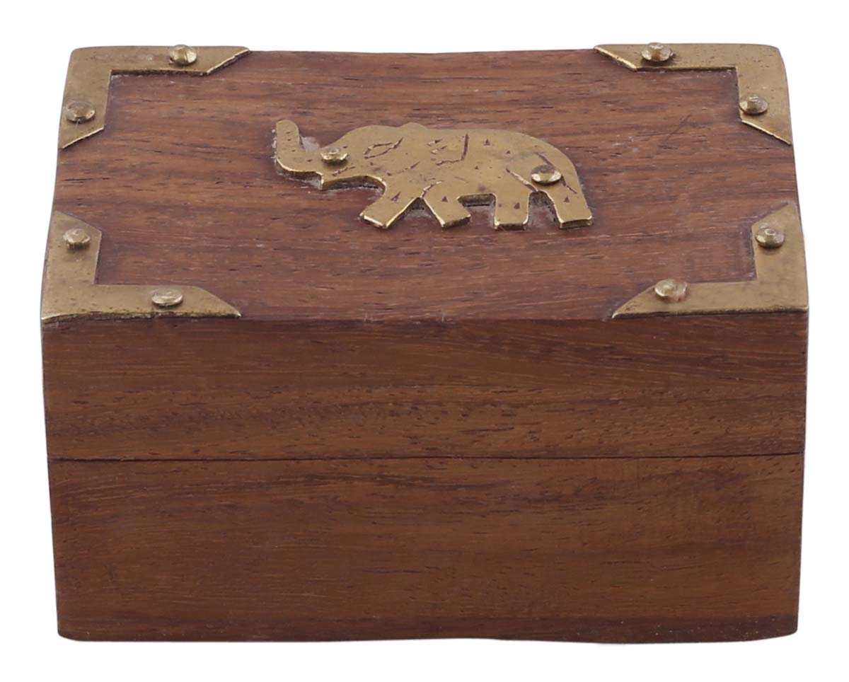 Brown 3x2” Wooden Jewelry Box in Bulk - Wholesale Hand-Carved Jewelry Box/Trinket Box with Elephant Motif in Brass Overlay from India